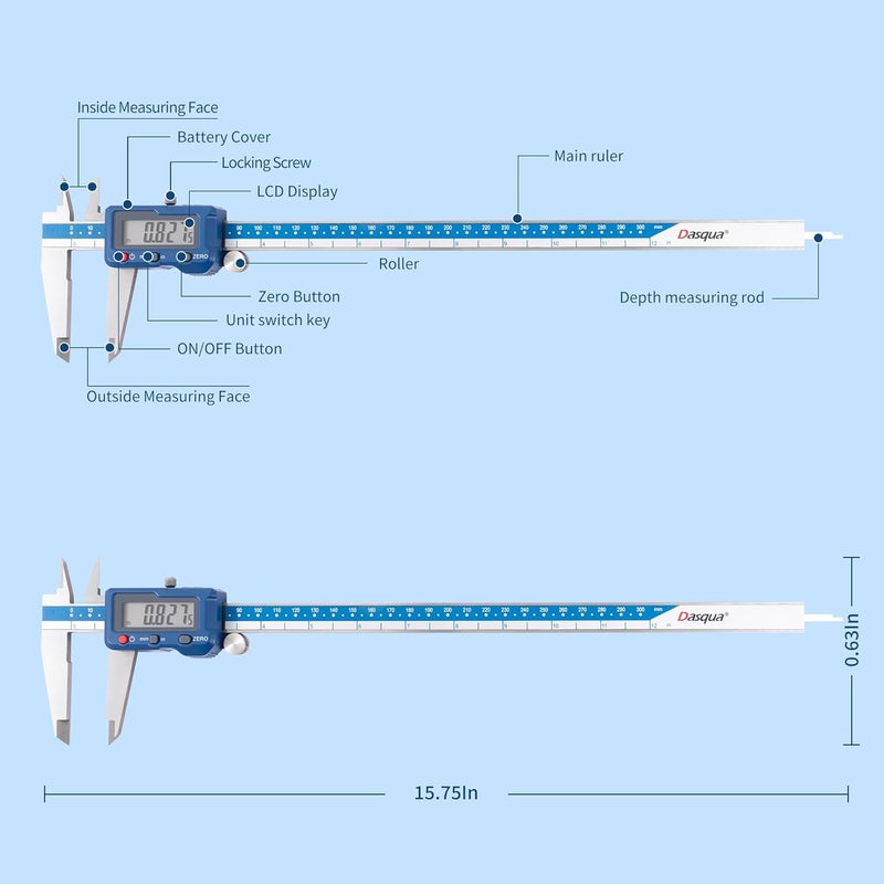Dasqua 12”/300mm Digital Caliper, Stainless Steel Precision Measuring Tool with Advanced Dual Chip, Large LCD, Resolution 0.0005”/0.01mm, Accuracy ±0.0012”/0.03mm - Image 5